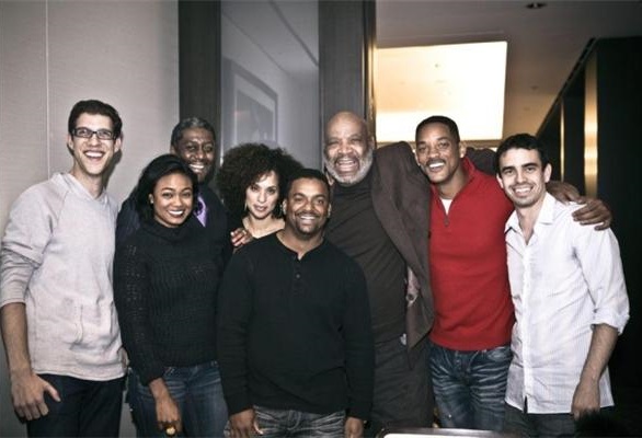 5 Original cast members of the show The Fresh Prince of Bel-Air (Tatyana Ali, Karyn Parsons, Alfonso Ribeiro, James Avery, and of course Will Smith) take a picture with 3 lucky fans while out together in 2008. Will Smith would tweet this same photo, with the 3 fans edited out, in 2013 after the death of James Avery who died from complications from open heart surgery at age 68. Smith said it was the last time most of the cast was together with Avery.