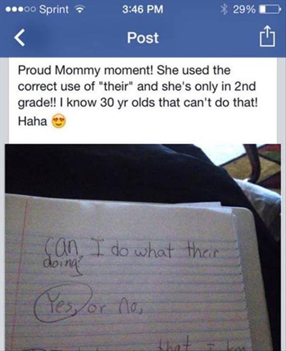 hilarious facebook posts - .00 Sprint 29% D Post Proud Mommy moment! She used the correct use of "their" and she's only in 2nd grade!! I know 30 yr olds that can't do that! Haha can I do what their doira Yes or no