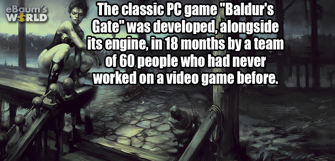 baldur's gate 2 - eBaum's World The classic Pc game "Baldur's Gate" was developed, alongside its engine, in 18 months by a team of 60 people who had never worked on a video game before. I