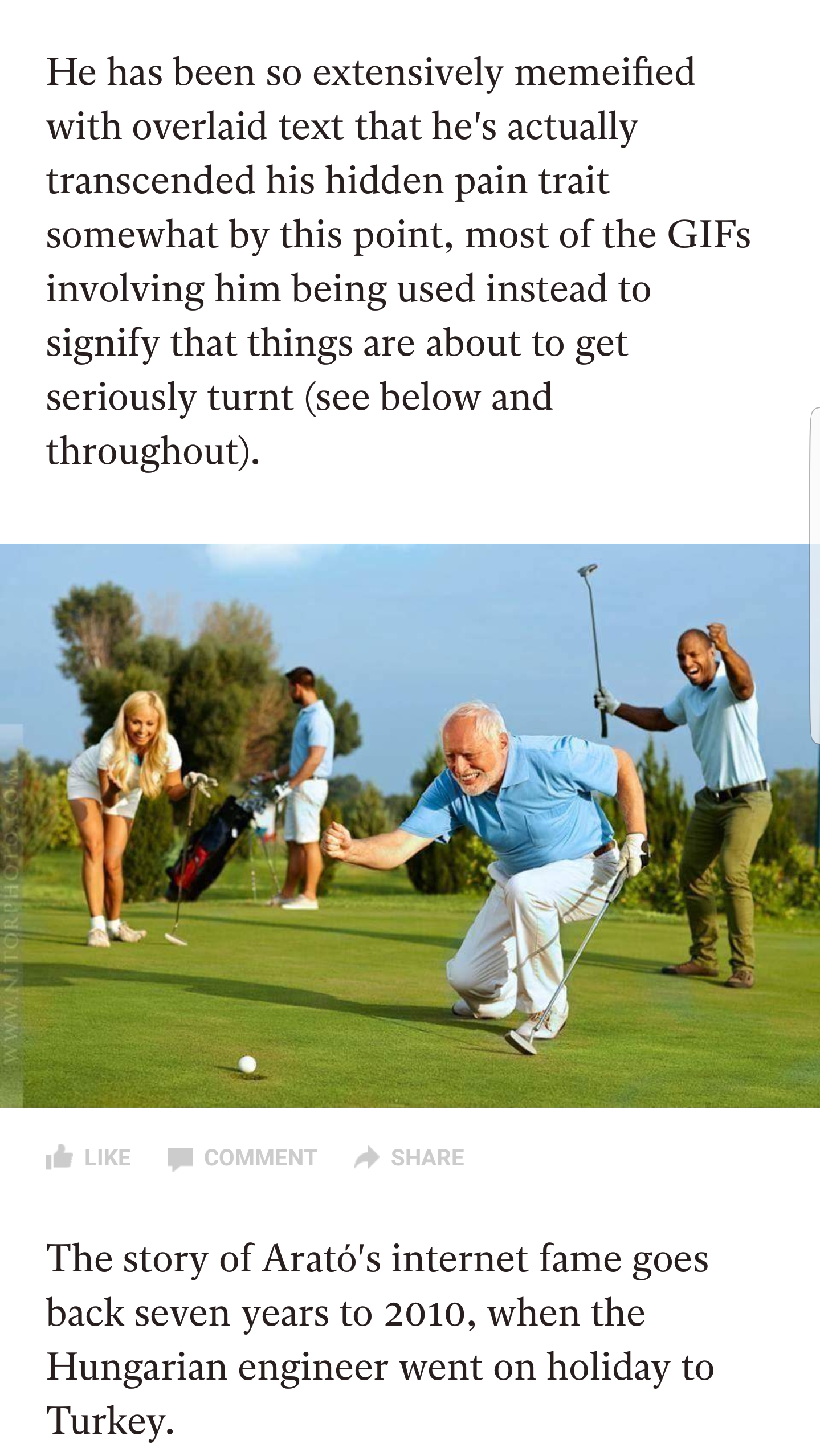 old person golfing - He has been so extensively memeified with overlaid text that he's actually transcended his hidden pain trait somewhat by this point, most of the GIFs involving him being used instead to signify that things are about to get seriously t