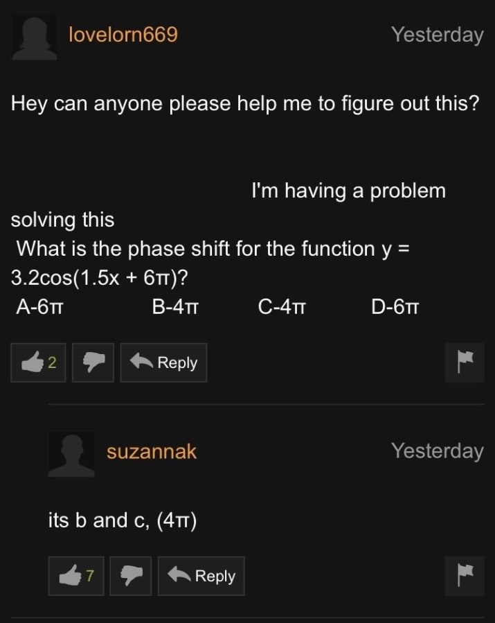 Math problems solved in the comments section of porn hub.