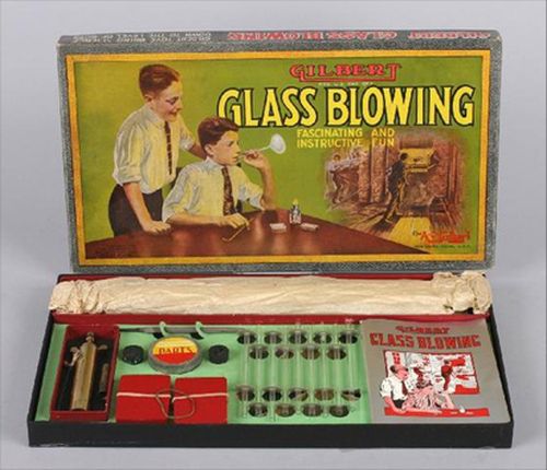 The Gilbert Glass Blowing Set. Keep in mind that in order to be able to change the shape of the glass, first it has to reach its softening point, which is around 1,000 degrees Fahrenheit. The Gilbert Glass Blowing Set encouraged children to try this with their bare hands in order to carry out a series of wildly irresponsible experiments. Where were the parents? In the ER probably.