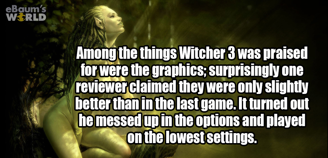 eBaum's Wirld Among the things Witcher 3 was praised for were the graphics; surprisingly one reviewer claimed they were only slightly better than in the last game. It turned out he messed up in the options and played on the lowest settings.