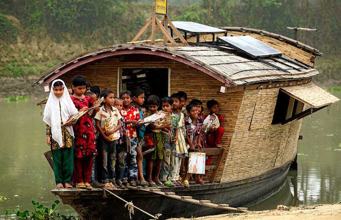 Floating Schools. In Bangladesh, annual flooding can disrupt school for hundreds of thousands of students. In some areas, roads are impassable during the rainy season from July to October, when rivers rise as much as 4 meters, or 12 feet. So a non-profit organization made 20 boats filled with teaching equipment and they pick the kids up who wouldn't be able to get to school otherwise.