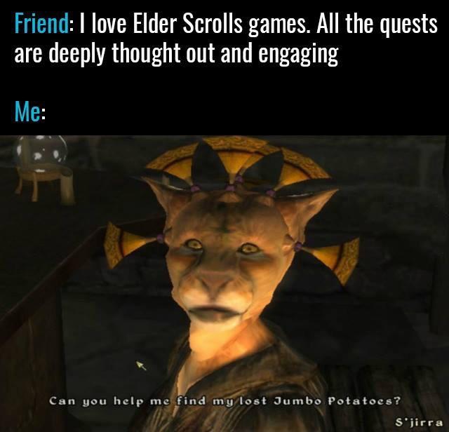 side quest memes - Friend I love Elder Scrolls games. All the quests are deeply thought out and engaging Me Can you help me find my lost Jumbo Potatoes? S'jirra