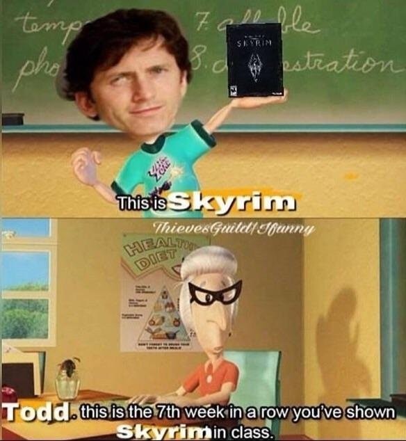 todd howard memes - temp sho 7. a 10 ble 3. d estration This is Skyrim Thieve Guild Ifunny Sealt Diet Todd. this is the 7th week in a row you've shown Skyrim in class.