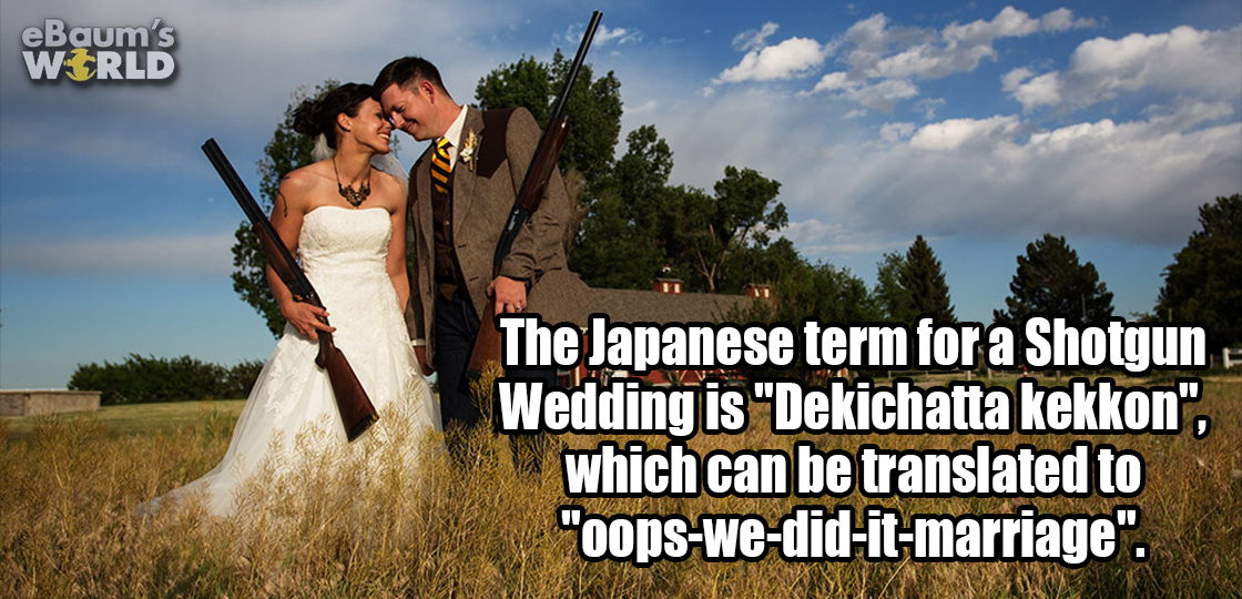 country shotgun wedding - eBaum's World The Japanese term for a Shotgun Wedding is "Dekichatta kekkon", which can be translated to "Oopswediditmarriage".