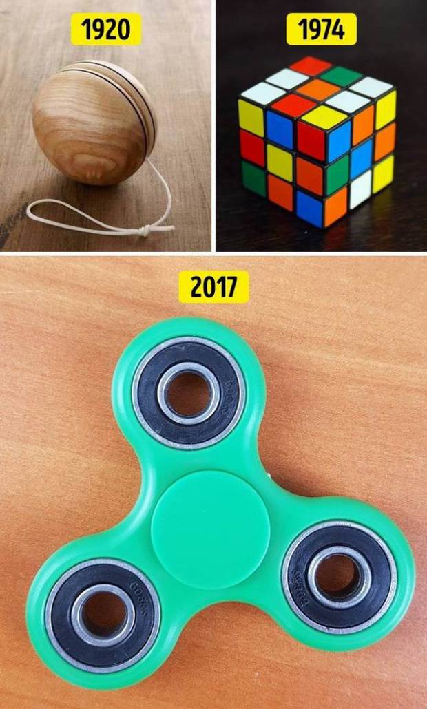 History circle meme about how yo-yos were the rage in 1920, then 1974 it was the Rubik's Cube, and now in 2017 it is the fidget spinner