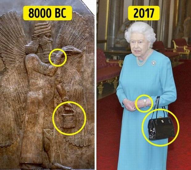 8000 bc Egyptian hieroglyphic VS 2017 photo of the queen of England, both with the same watch and hand bag.