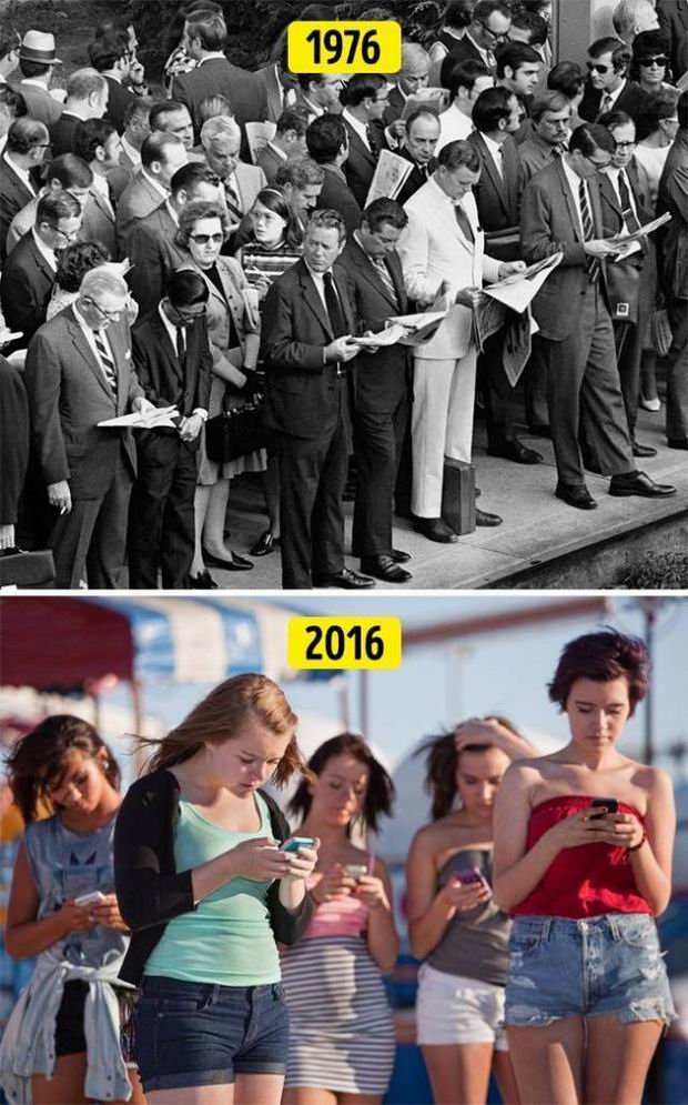 1976 VS 2016 of people reading papers to ignore each other vs reading their phones.