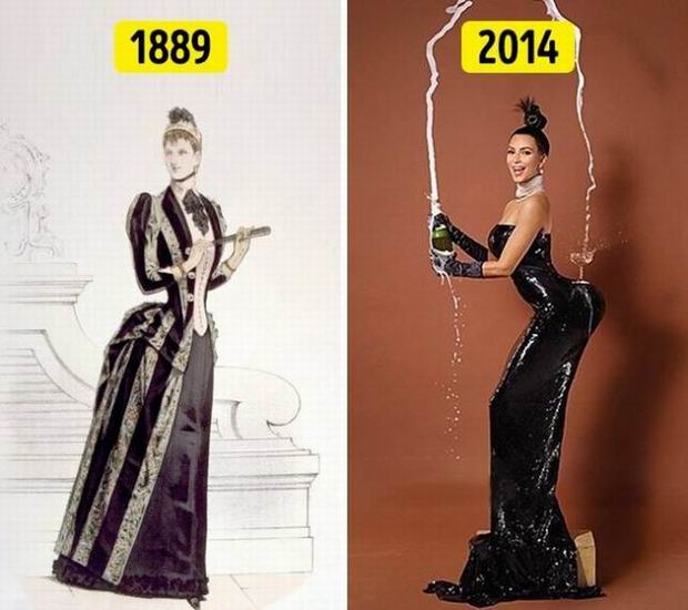 1889 photo of a woman VS 2014 Kim Kardashian in black dress with champagne bottle.