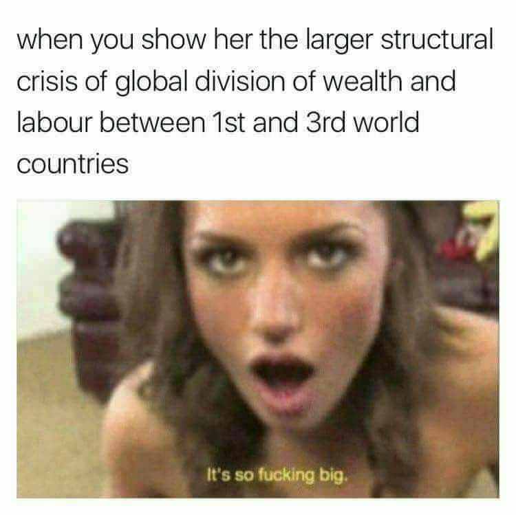 though meme - when you show her the larger structural crisis of global division of wealth and labour between 1st and 3rd world countries It's so fucking big