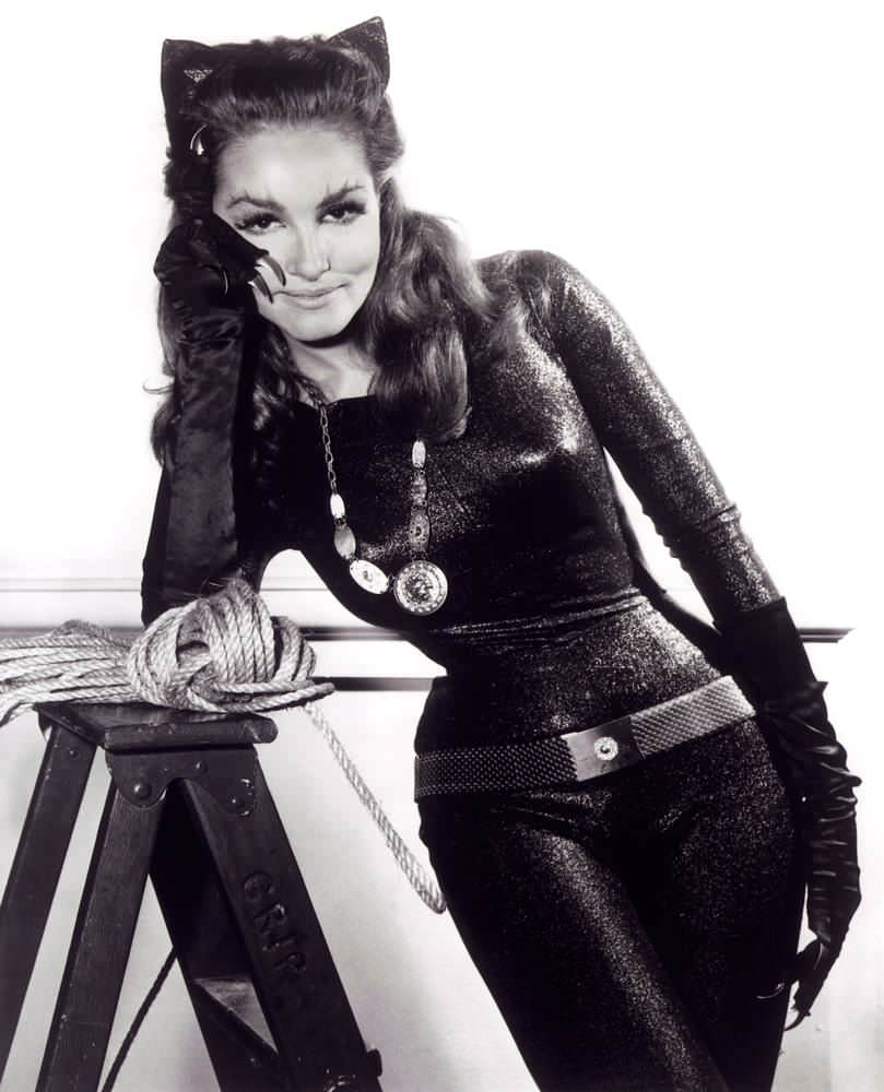 Julie Newmar posing in her famous Catwoman costume in 1967. Newmar is the iconic Catwoman, despite only appearing in just 13 episodes of the original show Batman. Newmar herself modified the costume, changing the fabric and gloves and even lowering the belt to accentuate her hourglass figure. The costume itself is in the Smithsonian. Newmar graduated High School at 15, then started her career as a professional dancer when she was described as having the best legs in the business, then did modelling including for playboy before breaking out in acting. She also is an inventor, and actually holds 3 US patents.