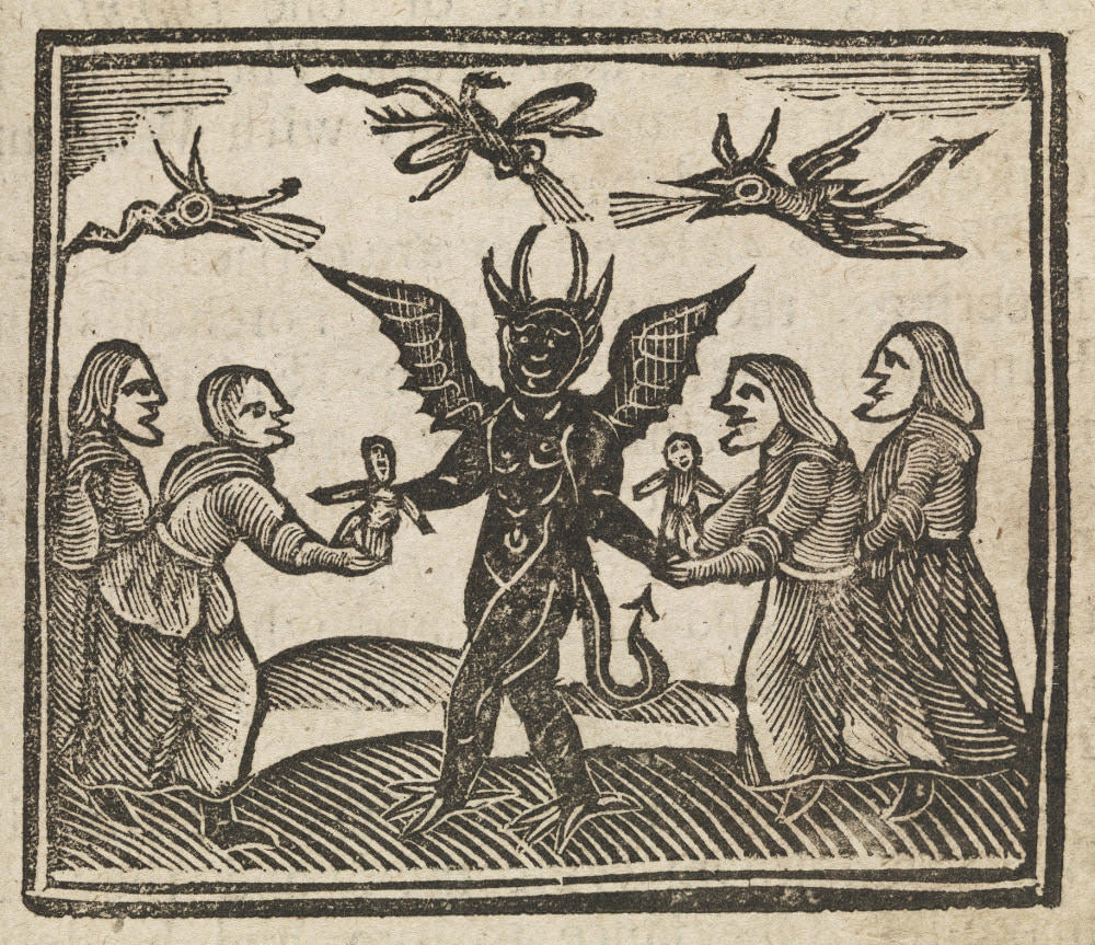Witches presenting wax dolls to the devil, featured in The History of Witches and Wizards (1720).