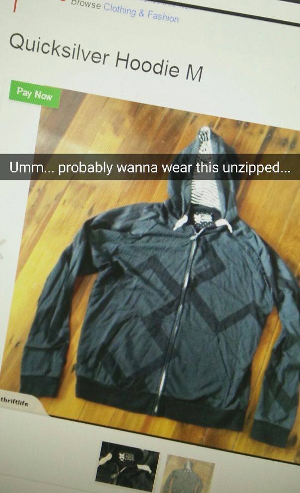 Funny snapchat of a hoodie that looks like it has a swastika on it when it is closed.