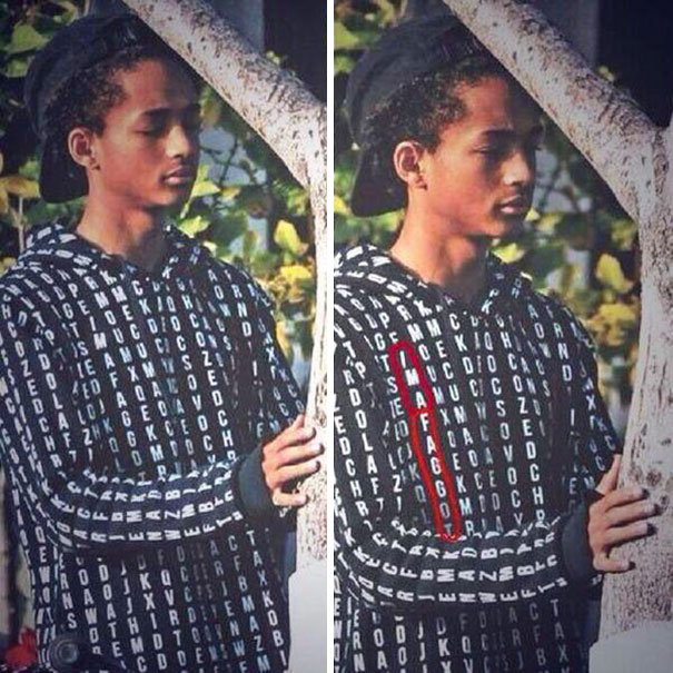 Jayden Smith wearing word find shirt and it says I am a faggot in the pattern.