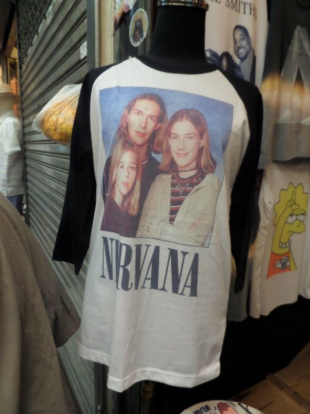 Hilarious clothing fail of Nirvana shirt with the Hanson kids on it.