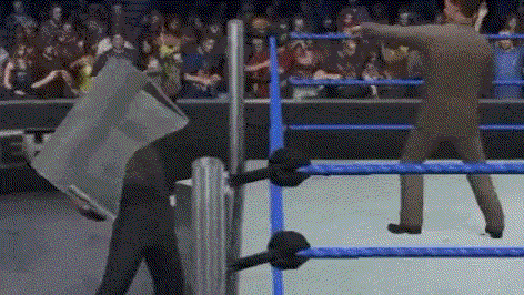 GIF of wrestling video game of bouncing couch causing issues.