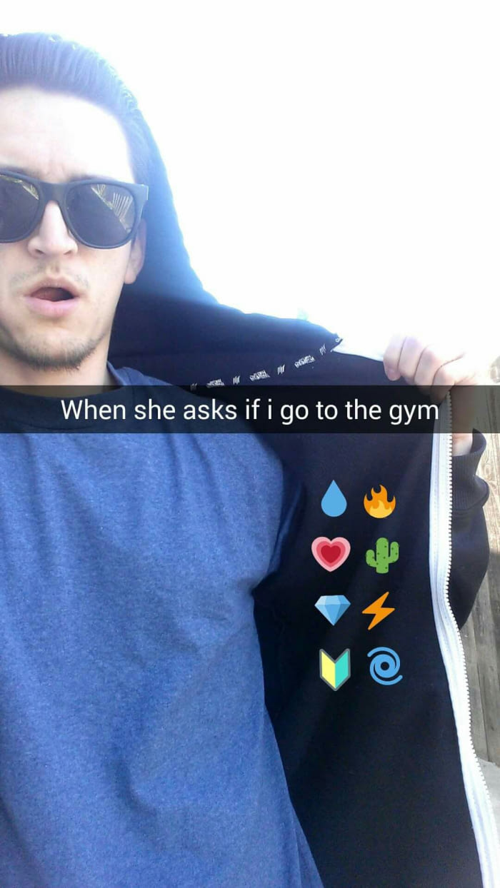 Snapchat meme of when she asks if you go to the GYM, with pokemon gym badges.