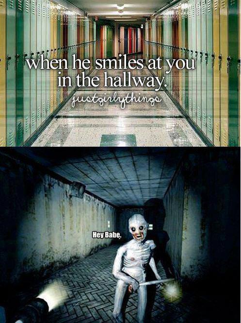 Meme about how girls like it when you smile at them in the hallway, and hallway in video game.