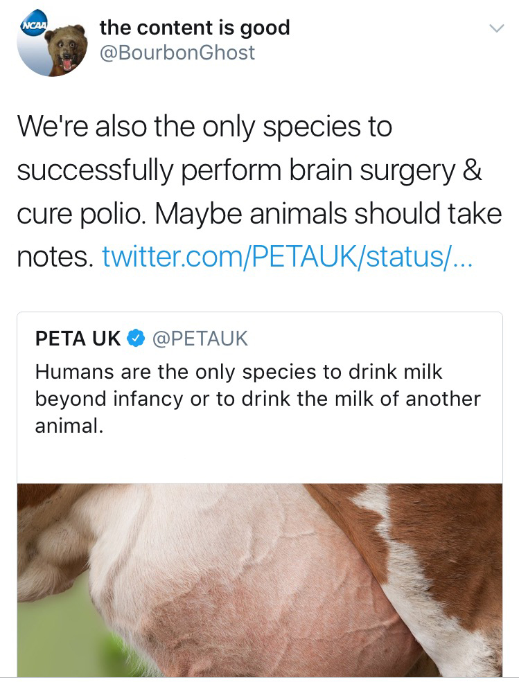snout - Ncaa the content is good Ghost We're also the only species to successfully perform brain surgery & cure polio. Maybe animals should take notes. twitter.comPetaukstatus... Peta Uk Humans are the only species to drink milk beyond infancy or to drink