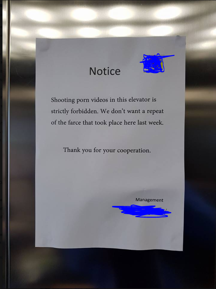 elevator meme porn - Notice Shooting porn videos in this elevator is strictly forbidden. We don't want a repeat of the farce that took place here last week. Thank you for your cooperation. Management