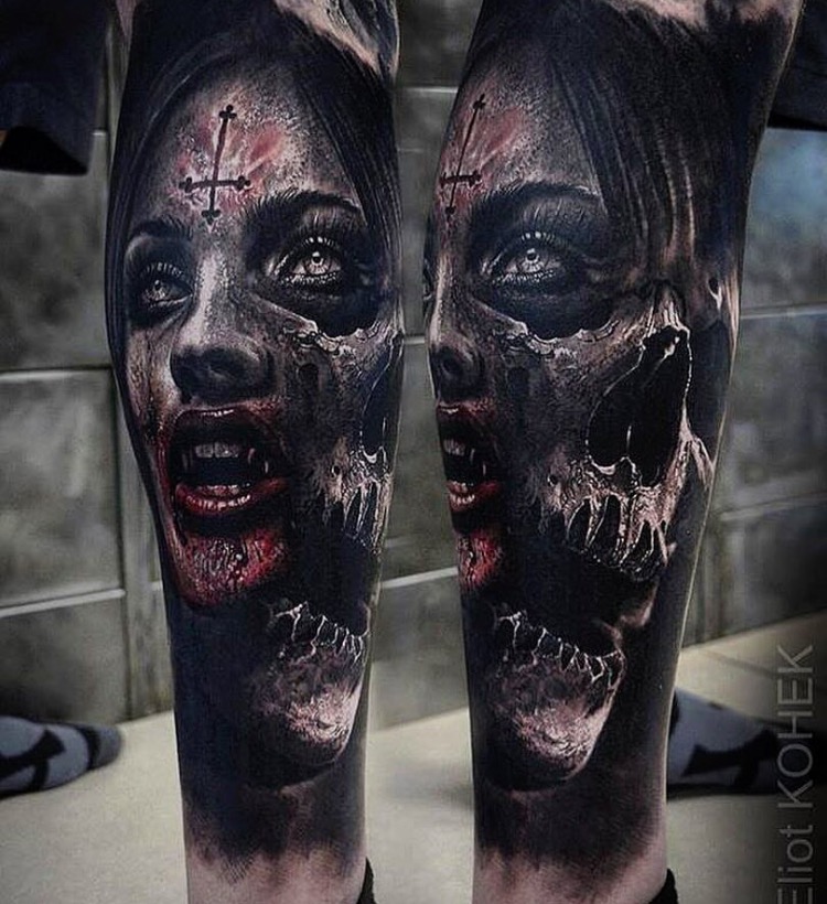 Girl with tattoo of scary faces on her legs