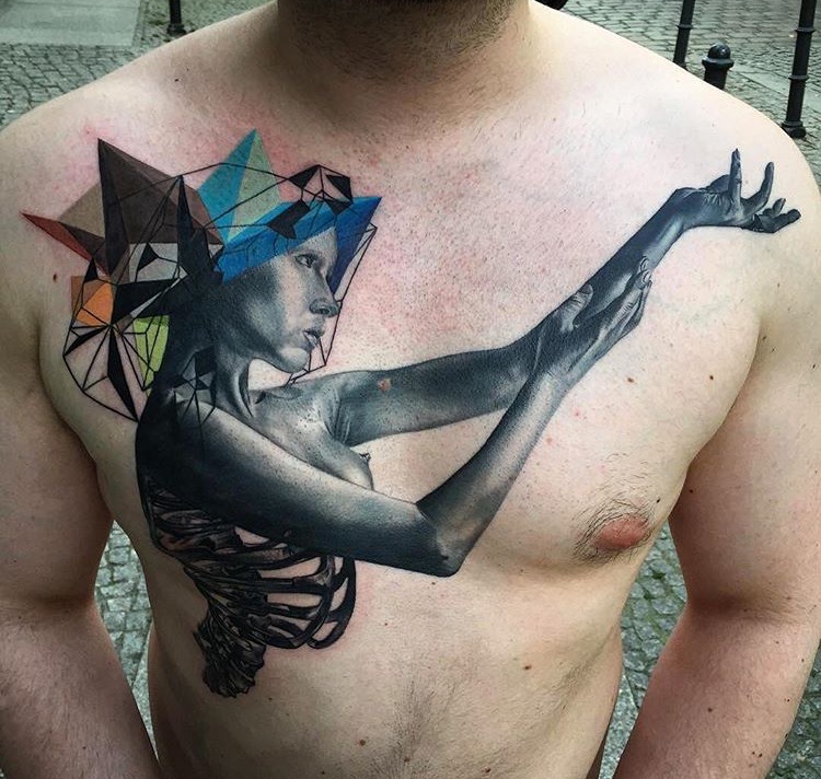 Harp player tattoo on a man's chest.