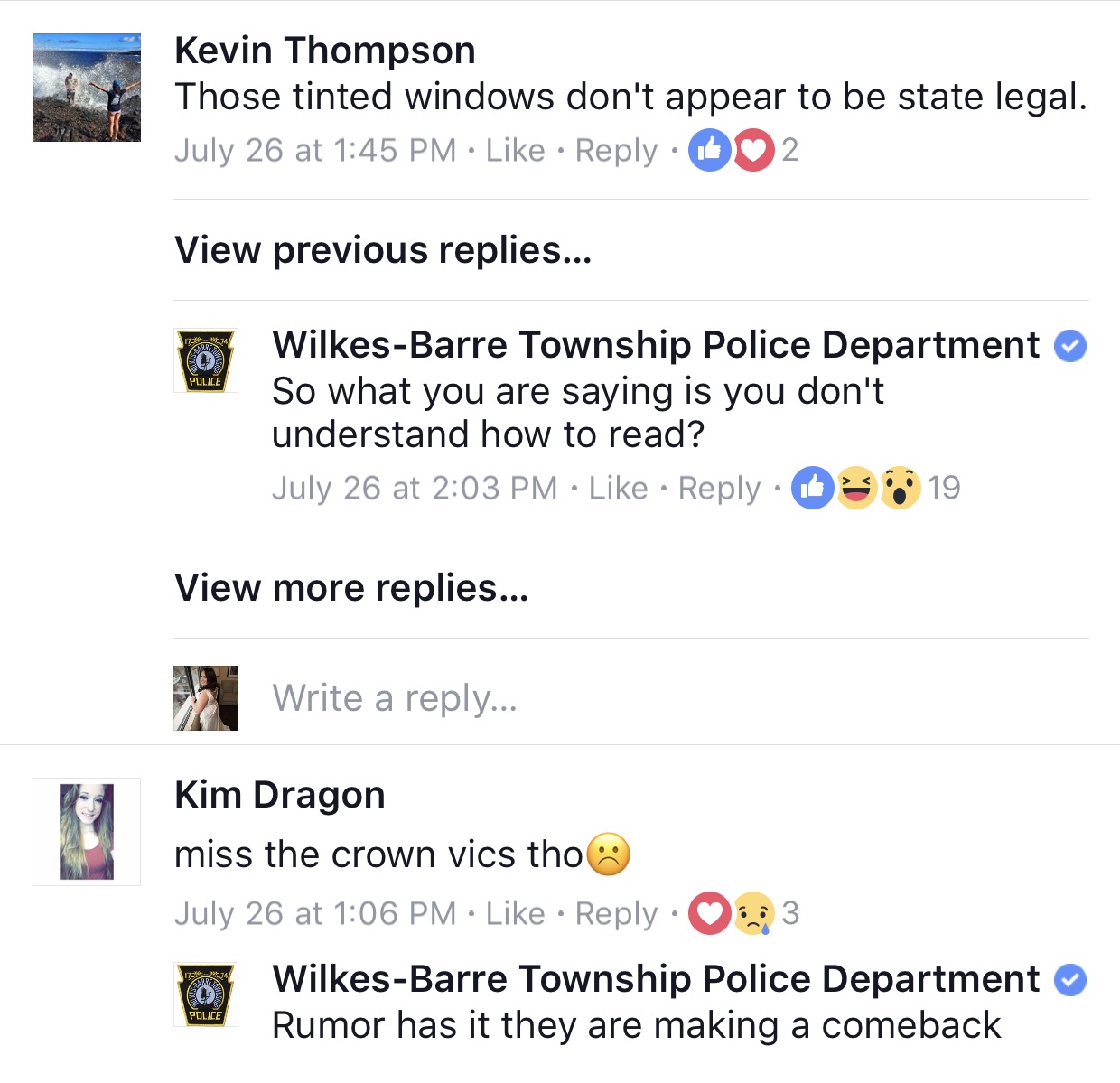 web page - Kevin Thompson Those tinted windows don't appear to be state legal. July 26 at O 2 View previous replies... bo WilkesBarre Township Police Department So what you are saying is you don't understand how to read? July 26 at . 19 View more replies.