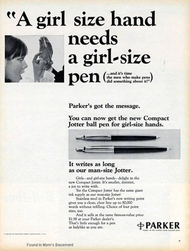 girl size hand needs a girl size pen - "A girl size hand needs a girlsize pen ...and it's time the men who make pens did something about it!" Parker's got the message. You can now get the new Compact Jotter ball pen for girlsize hands. It writes as long a
