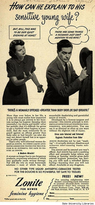 sexist vintage ads - How Can He Explain To His Sensitive young wife ? But, Bill, This Was To Be Our Quiet Evening At Home! There Are Some Things A Nuscand Just Cant Mention To His Wire! Theres A Womanly OffenseGreater Than Body Odor Or Bad Breati! tances 