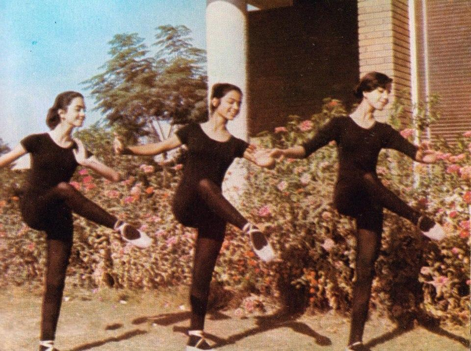 Girls from the Iraqi National school of Music and Ballet practicing outside in Baghdad, Iraq in 1975
