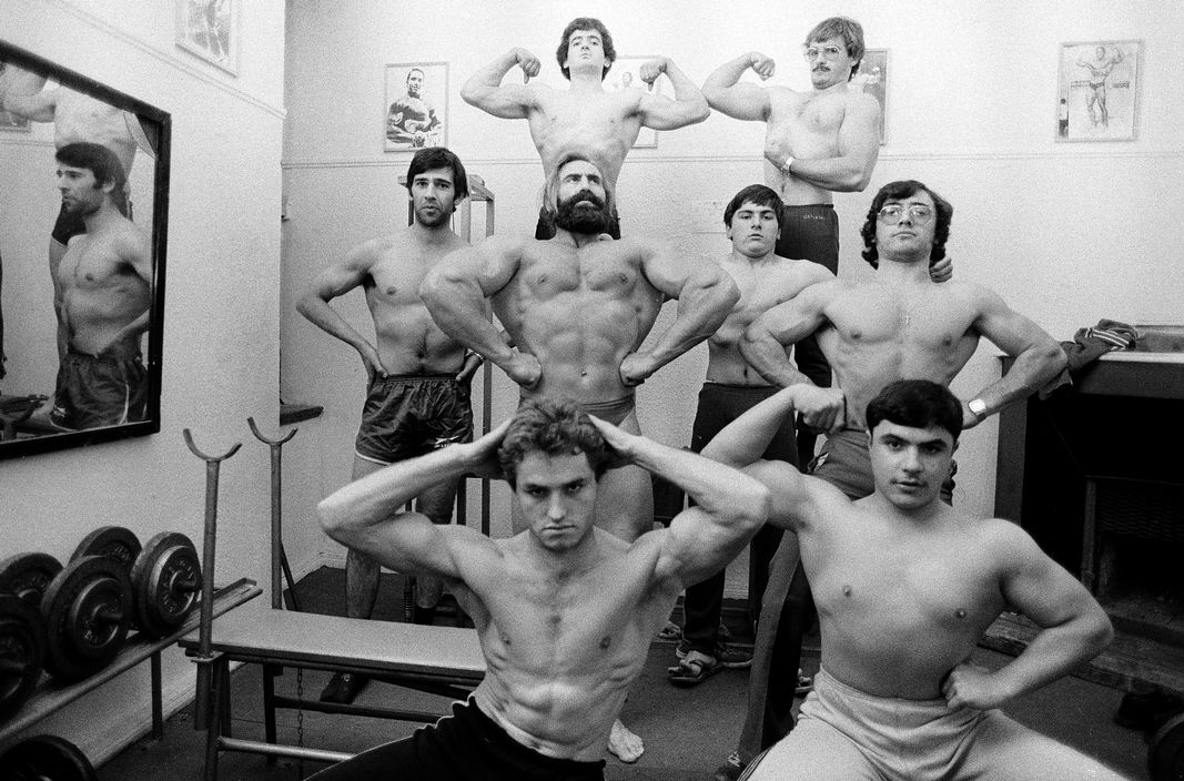Contestants flex for a picture before a body building contest in Athens, Greece in 1980. These events were all over Europe at the time, as gyms and body building started to become huge.