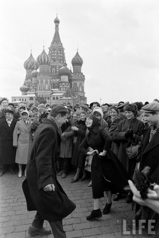 Russians fill Red Square to celebrate the first flight into space in 1961. Thousands turned out, dancing and having fun as one of the most important moment in humanities history unfolded.