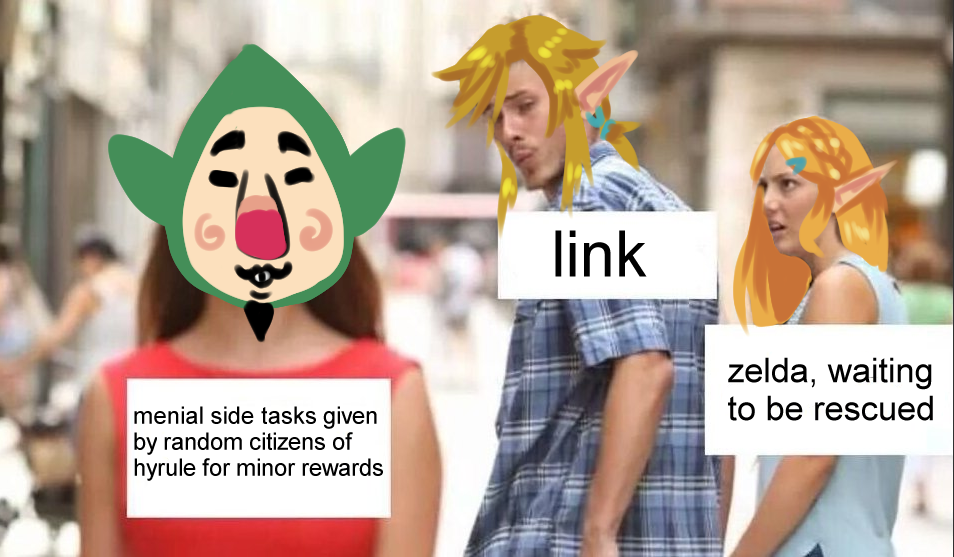 man looking at paper meme - link zelda, waiting to be rescued menial side tasks given by random citizens of hyrule for minor rewards