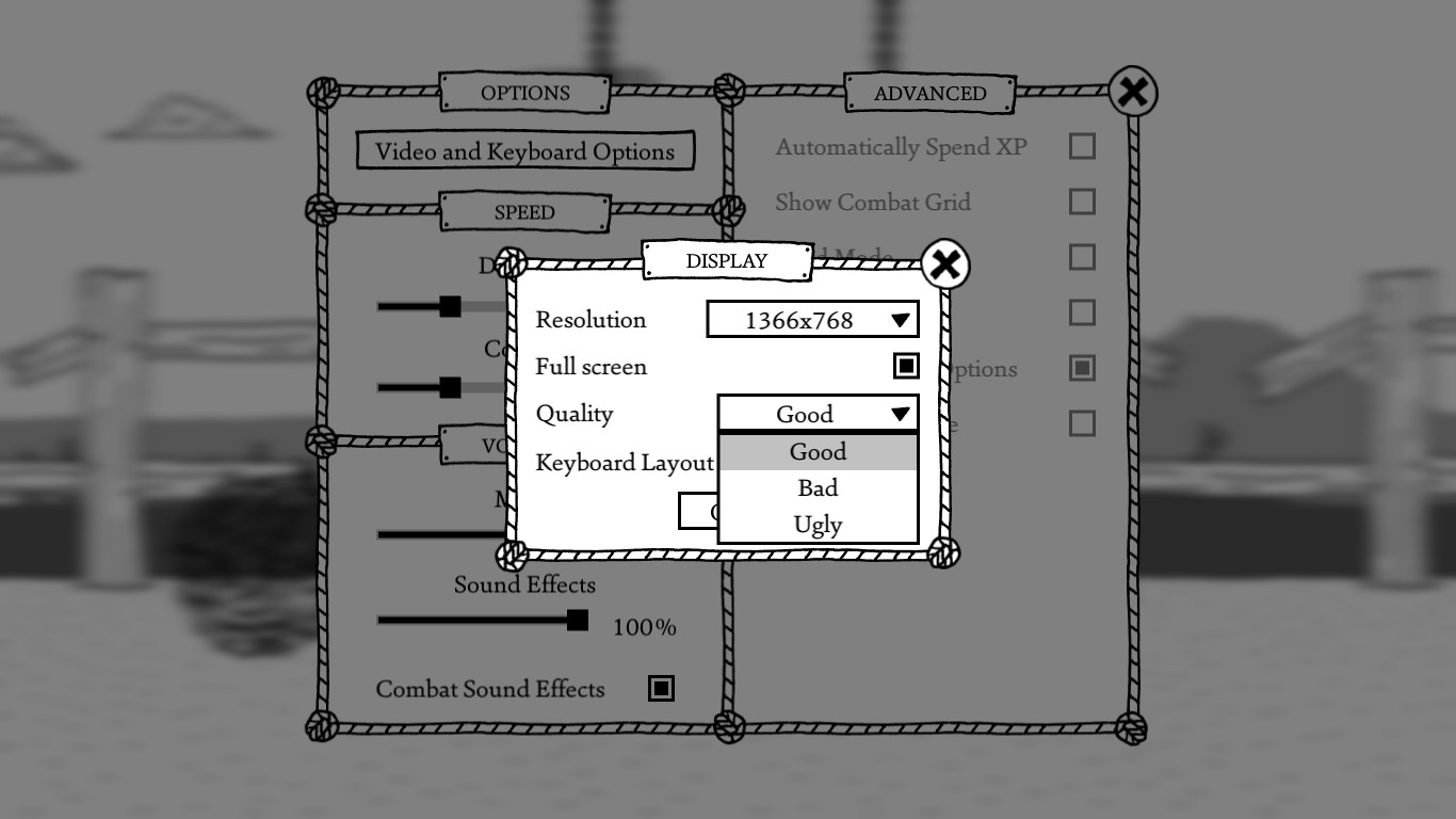 west of loathing color blind mode - bound Options Advanced bord Video and Keyboard Options Automatically Spend Xp and Speed panely Show Combat Grid Deprend Display Display Resolution 1366x768 O Nptions Full screen Quality Keyboard Layout N Good Good Bad U