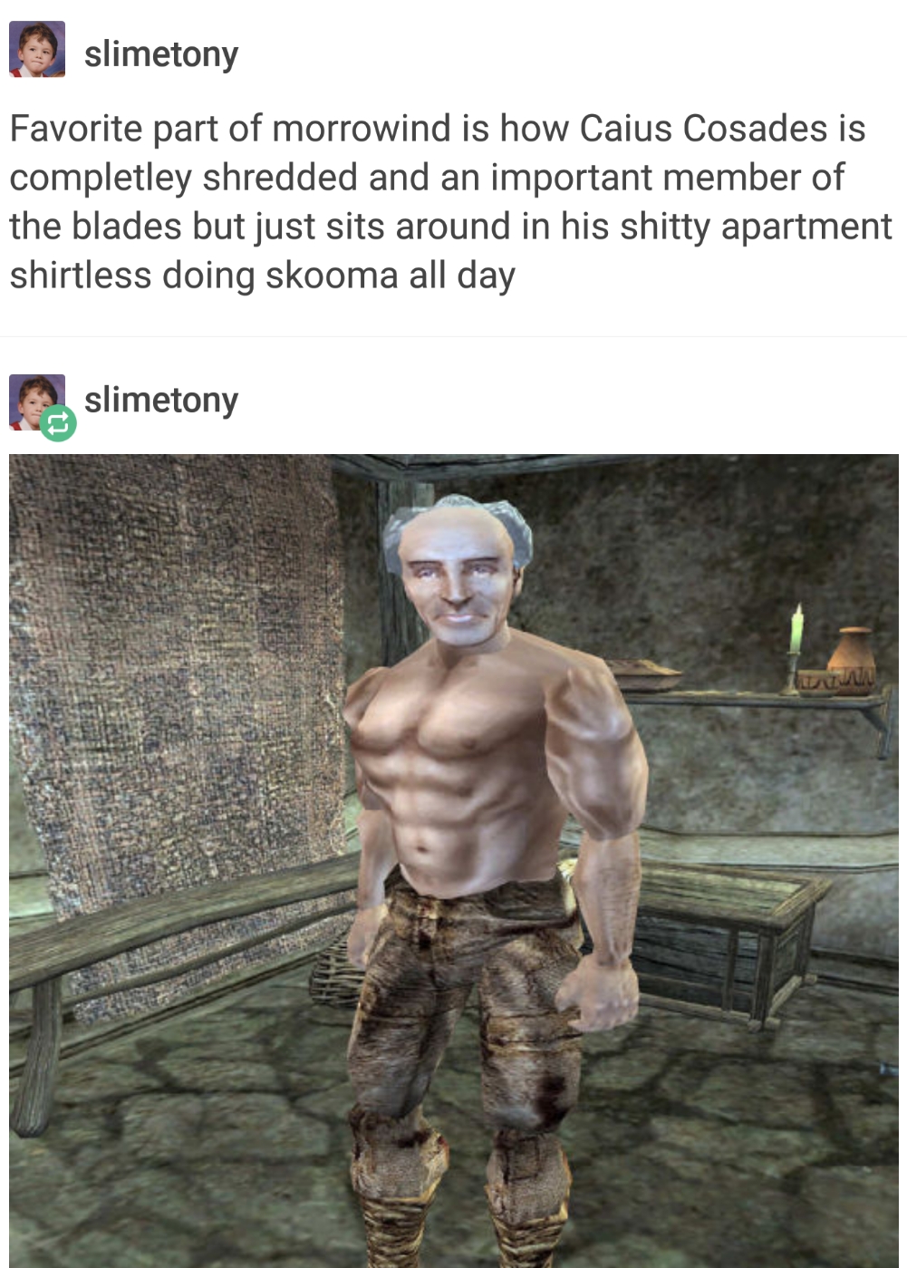 caius cosades meme - slimetony Favorite part of morrowind is how Caius Cosades is completley shredded and an important member of the blades but just sits around in his shitty apartment shirtless doing skooma all day slimetony