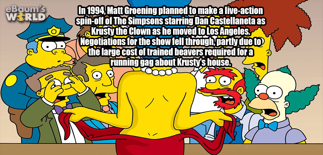 simpsons marge - eBaum's World In 1994, Matt Groening planned to make a liveaction spinoff of The Simpsons starring Dan Castellaneta as Krusty the Clown as he moved to Los Angeles. Negotiations for the show fell through partly due to the large cost of tra
