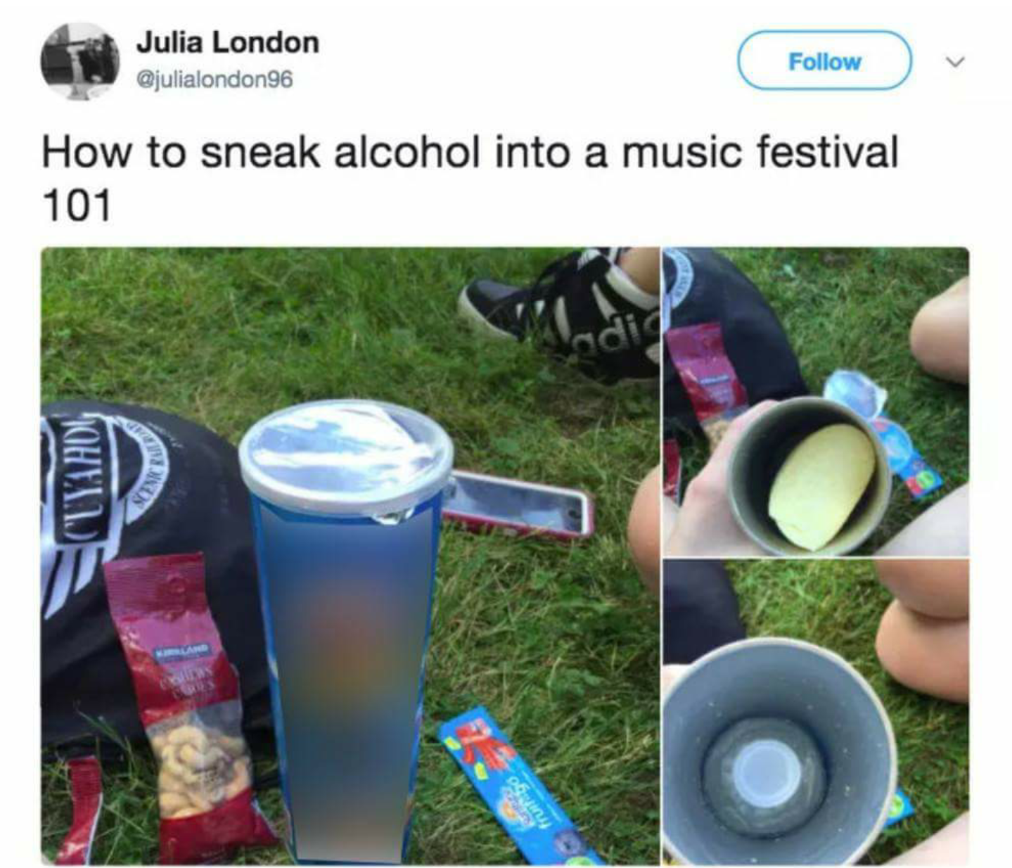 Tweet showing how to sneak alcohol into a music festival in a Pringles can