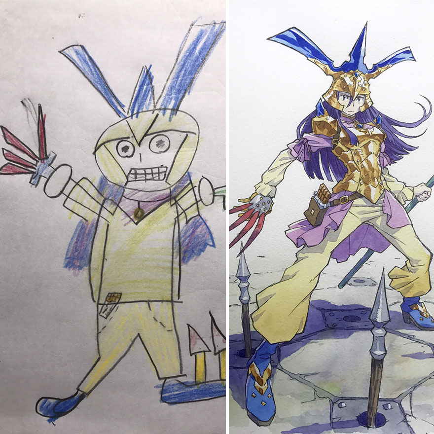 Dad makes awesome anime warrior out of kids childhood sketches.