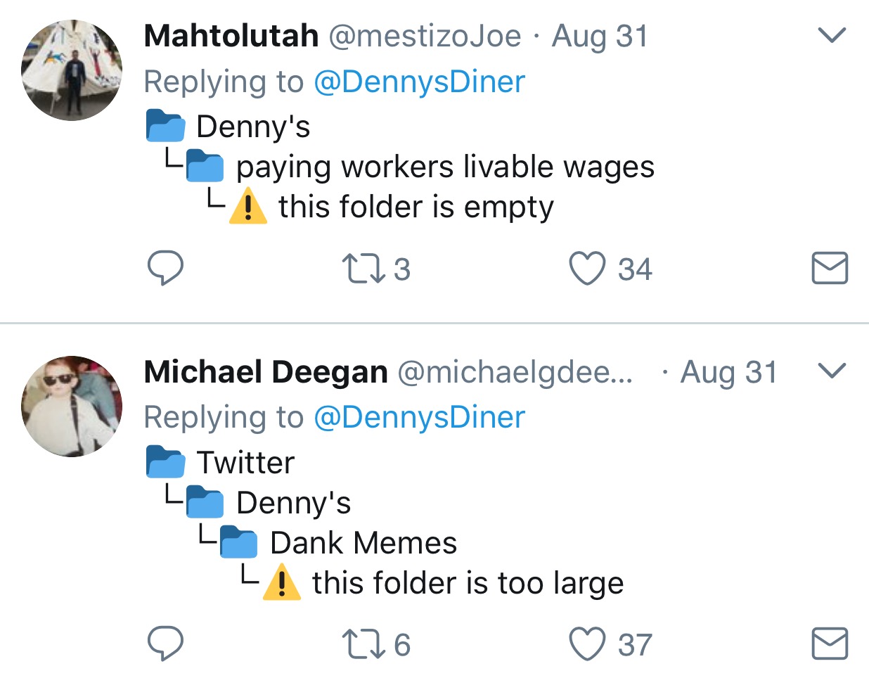 Funny tweets knocking Dennys for not paying proper wages, and having bad memes.
