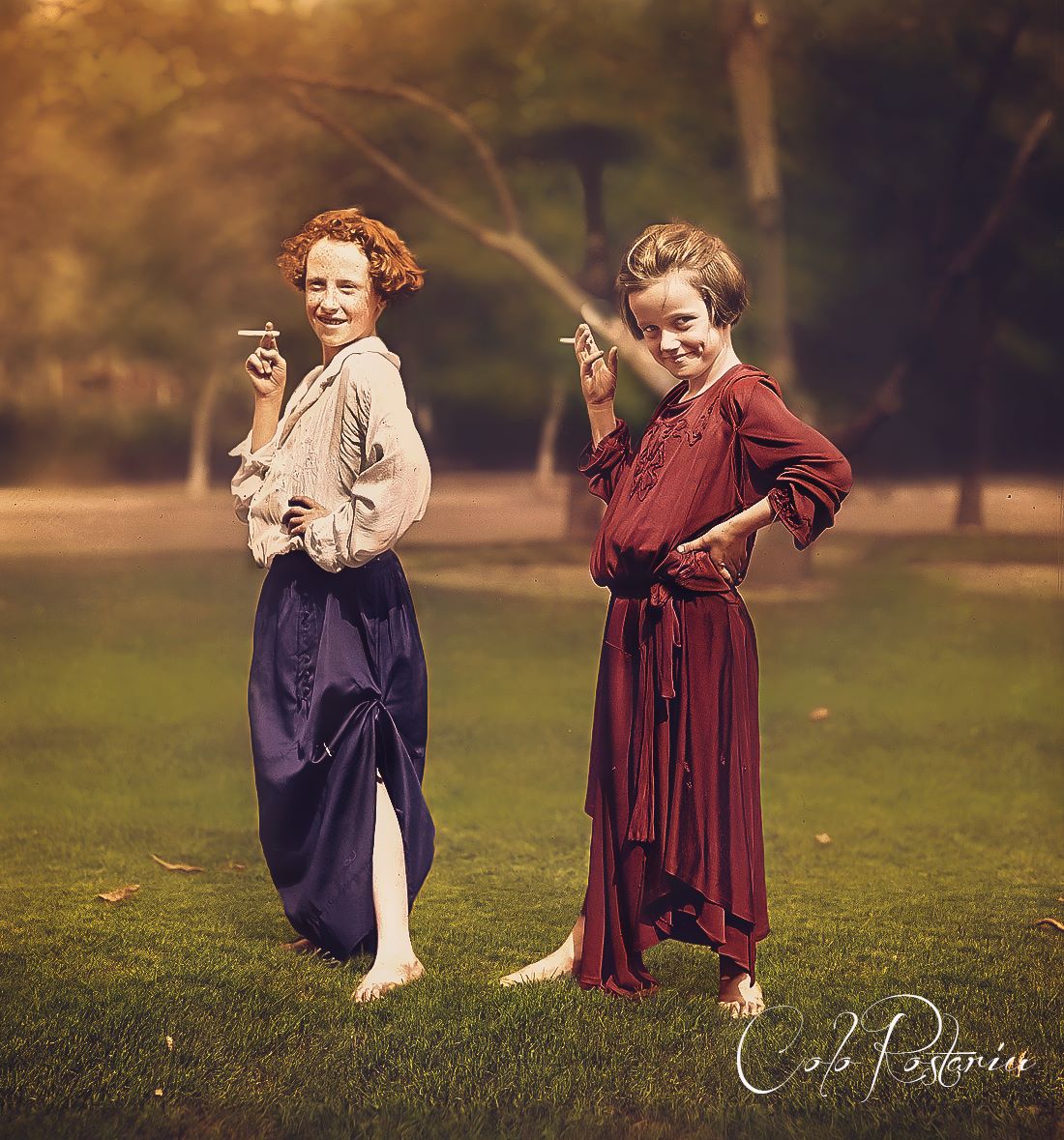This colorized picture of 2 young girls pretending to be adults by striking a pose and smoking while hanging out in Central Park in NYC, US in 1923. Smoking was incredibly common, even for children (especially if they were child workers), and the problems it did to your health would not come out as public knowledge for another 40-50 years.