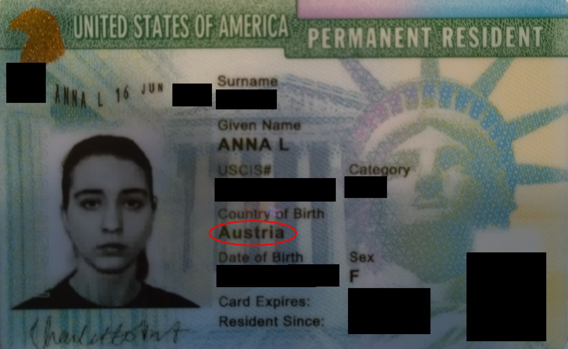 "This is the card I got in the mail in August 2015. Clearly there's been a mistake. I am not from Austria. I had to return this card so it could be replaced with a correct one. Then the saga began. The extension sticker on my old green card expired a couple months later (I actually traveled to/from Australia during this period and had trouble with people at the airport who didn't realise a green card extension was a legitimate thing). After that, I thought I would be fine because the new card was supposed to come soon. But then it didn't. After being kicked out of a GRE examination in summer 2016 because I didn't have the necessary ID, I had to get temporary proof of residence (which, by the way, is a very unofficial looking stamp in my passport). I ended up needing a few of these stamps, since they expired in smaller and smaller intervals, and I didn't have my card yet."
