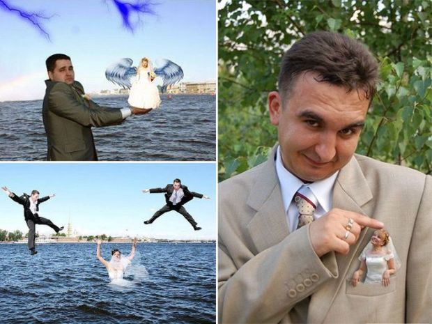 Russian wedding pics of photoshopped couple jumping out of the water or putting each other in pockets.