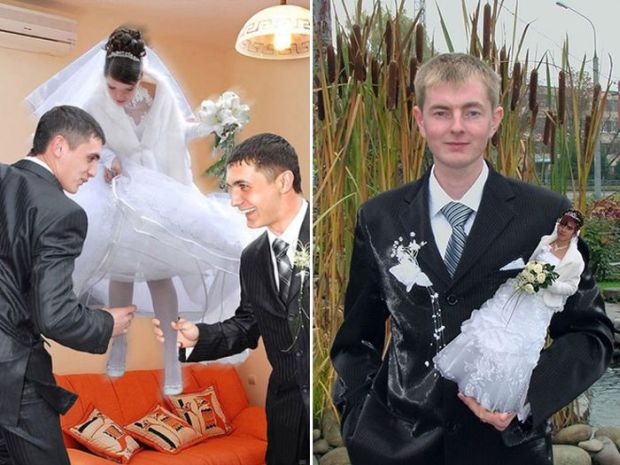 Strange photoshops of married couple in which the groom is doubled and fighting over her like a wishbone and another pic of groom holding bride like a prize.