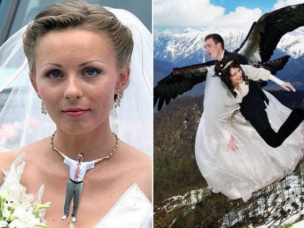 Russian wedding photoshop of groom being worn as necklace or as demon carrying away his bride.