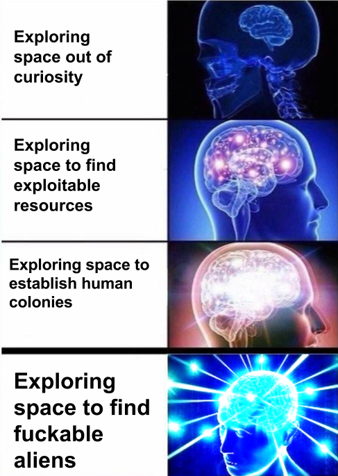 expanding mind - Exploring space out of curiosity Exploring space to find exploitable resources Exploring space to establish human colonies Exploring space to find fuckable aliens