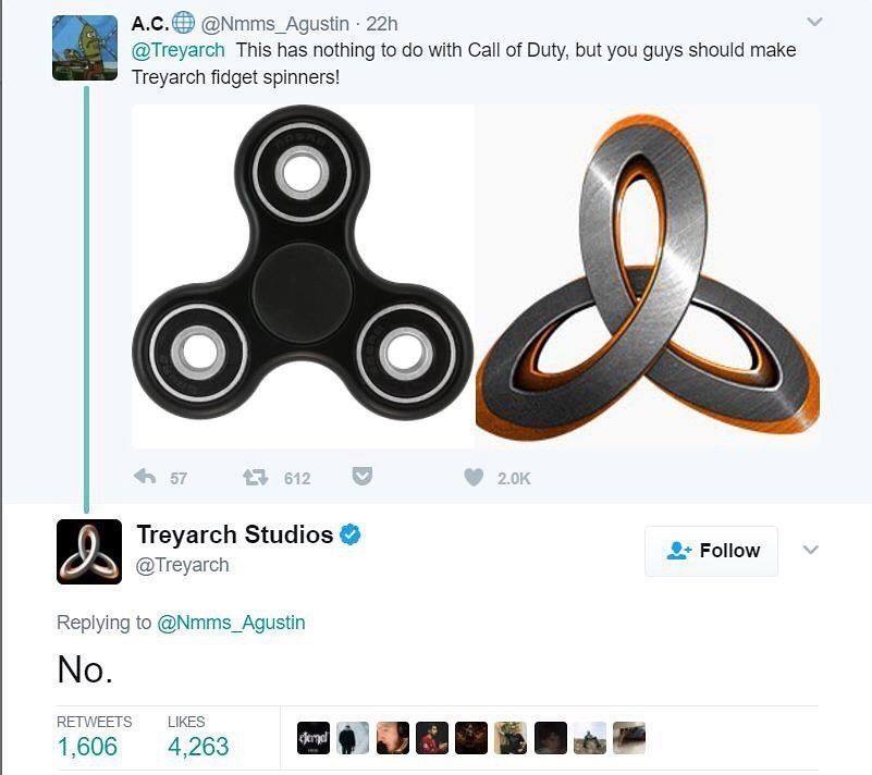 fidget spinner - A.C. 22h This has nothing to do with Call of Duty, but you guys should make Treyarch fidget spinners! h 57 47 612 Treyarch Studios 2 No. 1,606 4,263 kr Jbonia