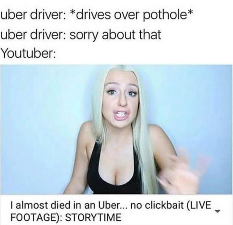 Youtuber exaggerating driving over a pothole to almost dying on an uber.