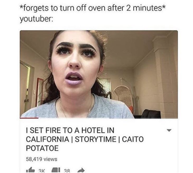 Funny meme of youtuber forgetting to turn off the oven and claiming to start fire in hotel in California